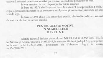 Motivarea  Curţii de Apel Piteşti în vederea punerii în libertate a preşedintelui Constantin Nicolescu