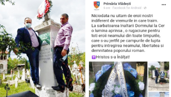 Selfie în familie, din respect pentru eroi. Primarul și viceprimarul din Vlădești  au călcat în picioare monumentul eroilor