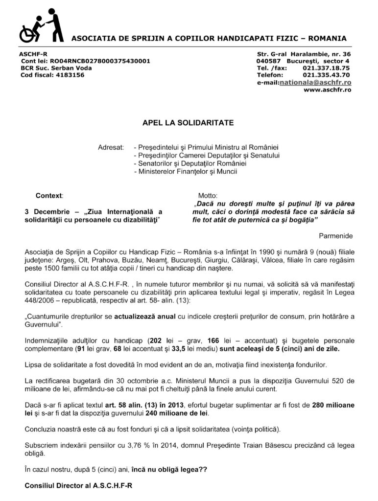 Asociaţia de Sprijin a Copiilor cu Handicap Fizic din România lansează un apel  la solidaritate