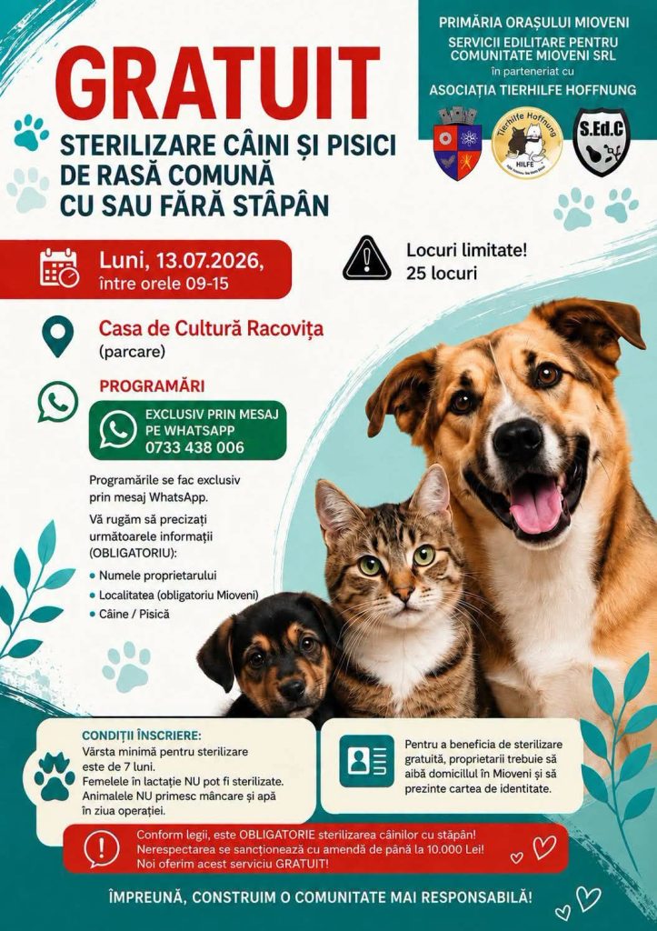 Campanie de sterilizări gratuite pentru câini și pisici în Mioveni