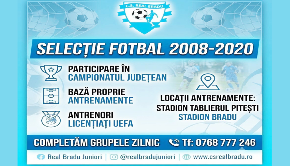 Vrei să joci fotbal? CS Real Bradu își completează grupele de copii și juniori!