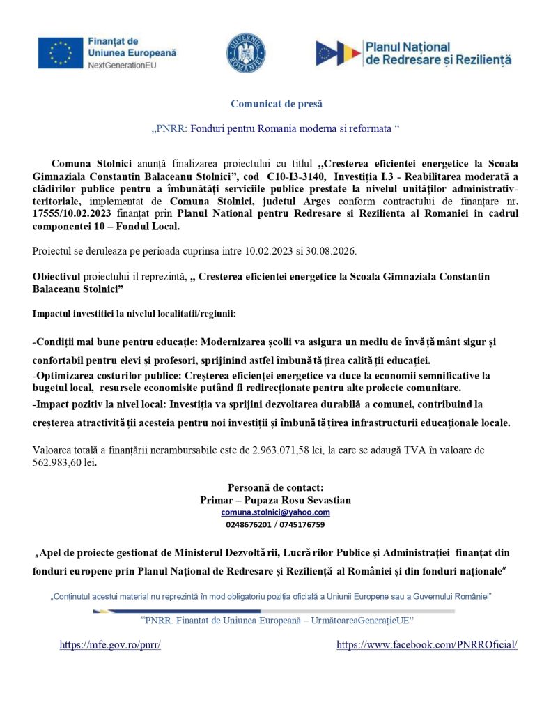 Comuna Stolnici anunță finalizarea proiectului cu titlul ,,Cresterea eficientei energetice la Scoala Gimnaziala Constantin Balaceanu Stolnici”