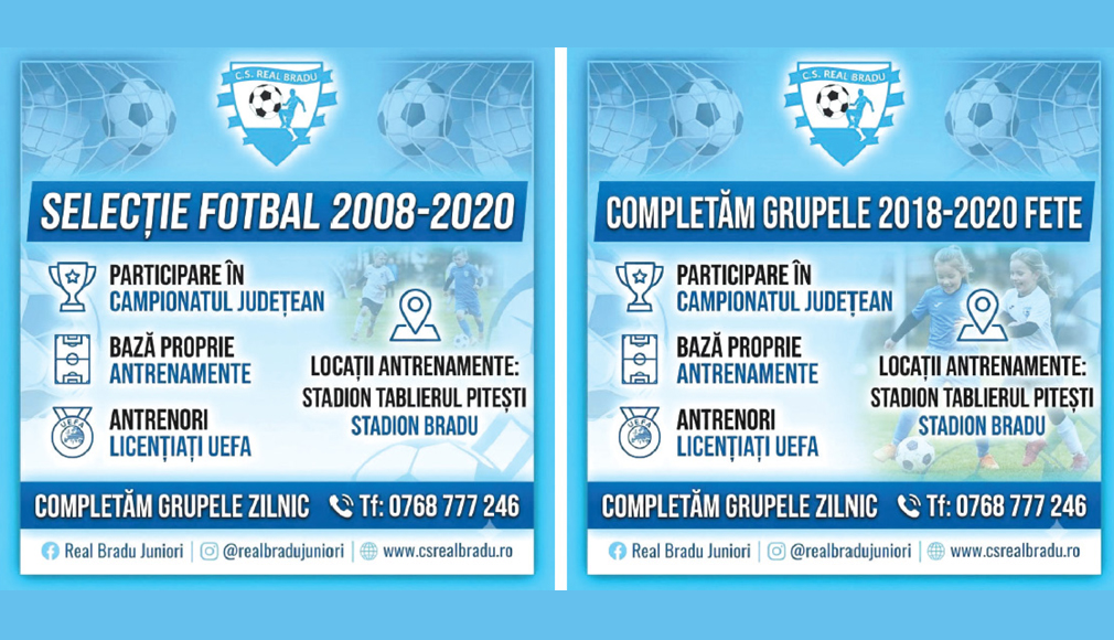 CS Real Bradu continuă selecția pentru  grupele de fotbal 2008–2020, iar pentru fete sunt completate grupele 2018–2020